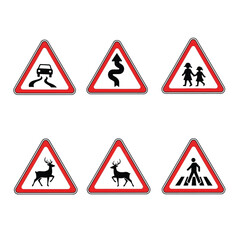 Collection of Road Warning Signs Slippery Surface, Winding Road, Children Crossing, Deer Crossing, Pedestrian Crossing