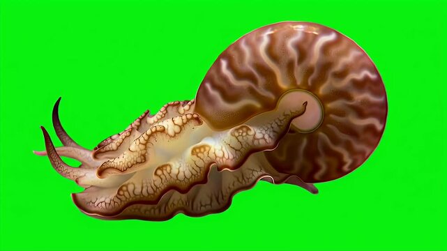 Chambered Nautilus Cephalopod with Intricate Spiral Shell and Tentacles Isolated on Green Screen Background for Easy Compositing