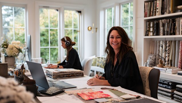 Creative female designers working together in a modern home office with fabric samples