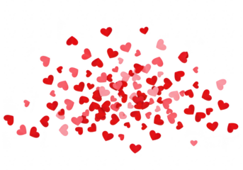 Scattered red and pink hearts isolated on transparent background