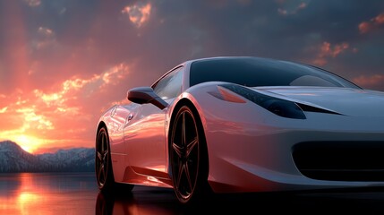 A sleek, white sports car parked on a reflective surface with a dramatic sunset sky and mountains in the background