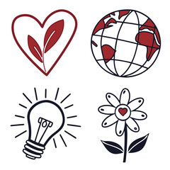 Set of four simple doodle icons representing love for nature global awareness bright ideas and blooming beauty