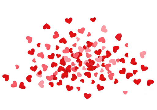 Scattered red and pink hearts isolated on transparent background
