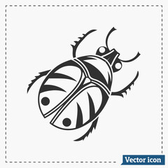 Stylized black and white vector illustration of a beetle with tribal patterns and sharp legs on a white background