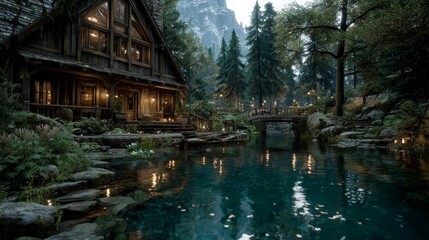 Obraz premium Enchanting wooden cabin nestled in a lush, green forest beside a tranquil stream, with a charming bridge and warm lights illuminating the evening