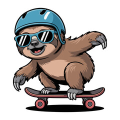 Cool cartoon sloth riding a skateboard wearing sunglasses and helmet in fun extreme sport illustration © Pushpa