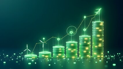 Green Finance Growth with Coins, Charts, and Renewable Energy Icons