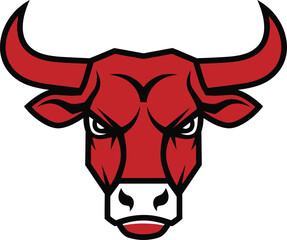A bold and aggressive vector illustration of a red bull's head with stylized horns, symbolizing raw power, determination, and a fierce, competitive spirit. Perfect for sports logos and brand mascots.