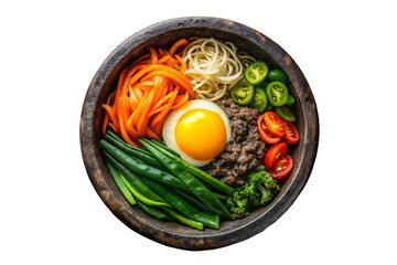 Overhead shot of bibimbap in a stone bowl with egg carrots and various other vegetables