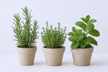 Fototapeta premium Fresh Culinary Herbs: Rosemary, Thyme, and Mint Plants in Small Pots for Cooking and Garden Use