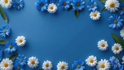Obraz premium A vibrant arrangement of blue and white daisies on a blue background, creating a lively and fresh floral display.