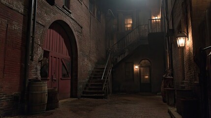 Dark, brick alleyway with stairs and old doors