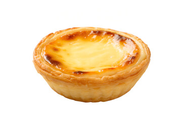 A single egg tart with a golden crust and creamy filling isolated on a white background
