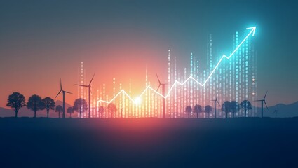 Sunset over Wind Turbines with Growth Chart and Digital Elements