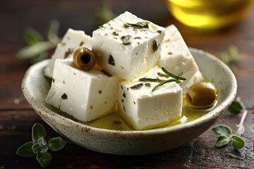 Cubes of creamy white cheese, marinated in olive oil with herbs and olives, rest in a shallow bowl on a rustic wooden surface