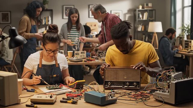 Community Repair Cafe: Fixing Electronics Together - A diverse group of people collaborate in a repair cafe, fixing old electronics.