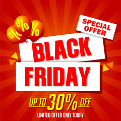 Black Friday Special Offer Banner – Up to 30% Off – Eye-catching Red Design for Marketing and Big Sale Events