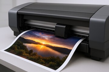 Inkjet Printer Printing a Vibrant Sunset Landscape Photograph for Professional Fine Art Reproduction