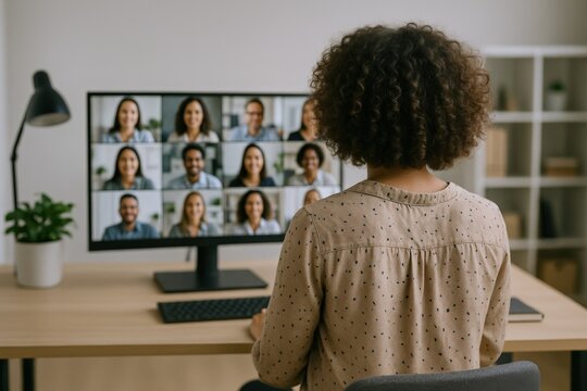 Woman Attending Virtual Meeting From Home Office, Participating in Video Conference with Diverse Team
