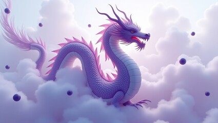 Obraz premium Majestic purple dragon soaring through ethereal clouds with glowing orbs