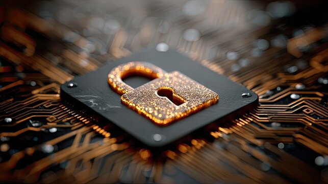 Locked circuit board, glowing gold padlock