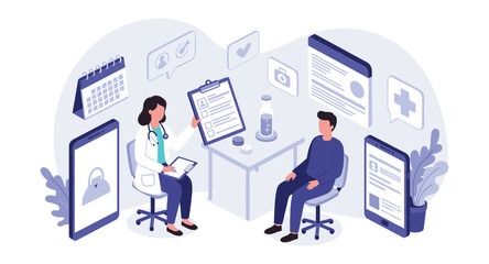Modern healthcare technology meeting: doctor consulting patient in digital environment