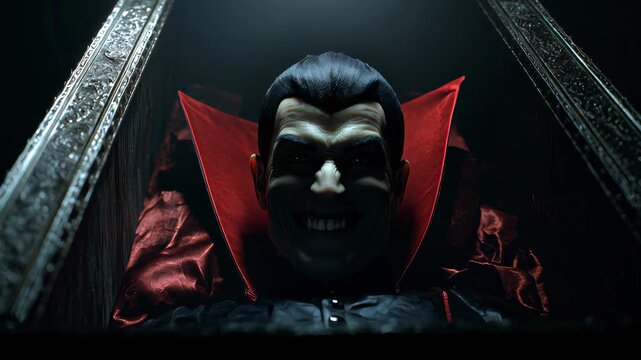 Vampire Awakening in Coffin with Sinister Smile and Laugh