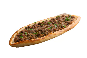 Close up shot of a meat filled flatbread with green garnish on a white background view