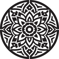 Intricate Black and White Mandala Design for Decorative Use. This striking black and white mandala design features a symmetrical, layered floral pattern within a circular frame.