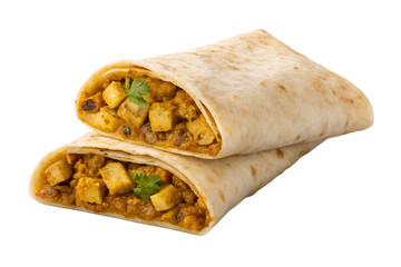 A stack of two cut burritos filled with tofu and vegetables on a white background