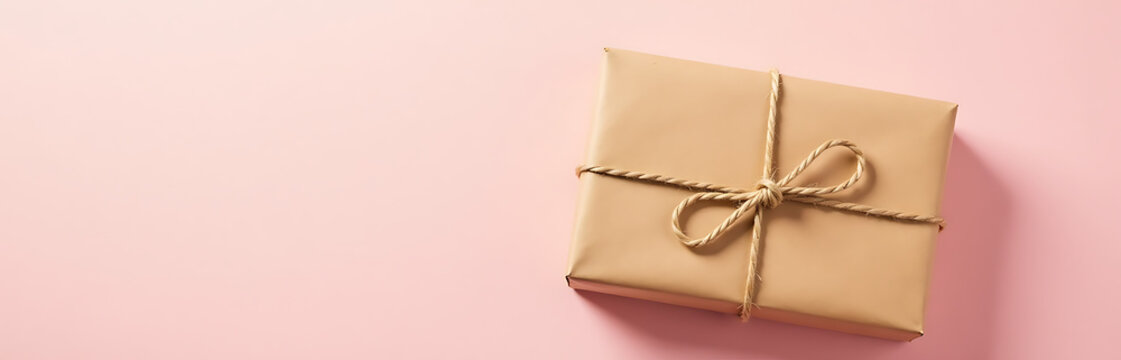 brown kraft paper package wrapped twine placed atop soft pink background gentle natural light casting warm glow around