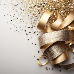 Gold ribbons and glitter on a white background
