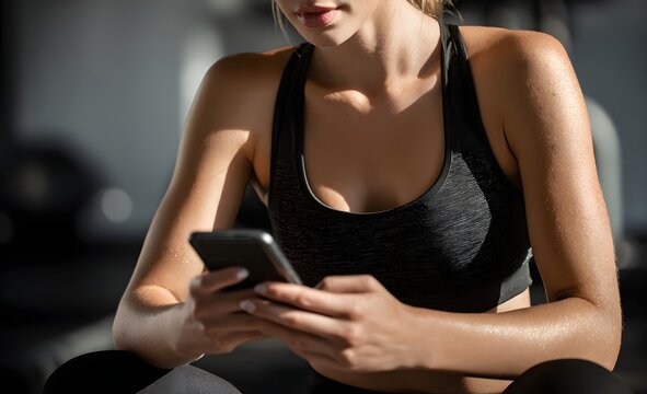 Woman in sportswear using smartphone after workout at gym