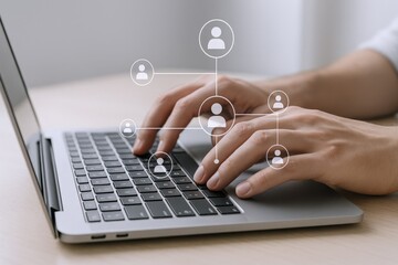 Hands Typing on Laptop with Social Media Network Icons, Business Communication, Connectivity