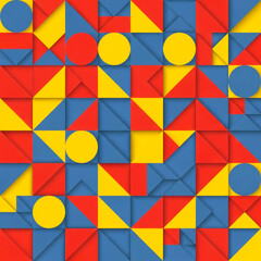 vibrant geometric pattern red yellow blue triangles and circles background