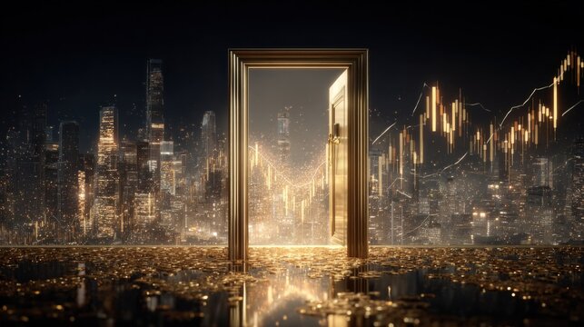 Financial Gateway: Golden Doorway to Stock Market Success in a Thriving Metropolis at Night
