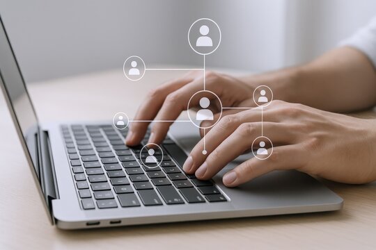 Hands Typing on Laptop with Social Media Network Icons, Business Communication, Connectivity
