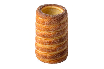 Close up view of a k&uuml;rtőskal&aacute;cs pastry with a hollow center on a white background