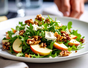 Frischer gr&uuml;ner Salat mit Waln&uuml;ssen und Ziegenk&auml;se