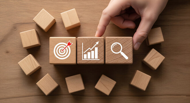 Hand aligning wooden cubes with target, growth chart, and magnifying glass icons on a wooden surface, representing business strategy