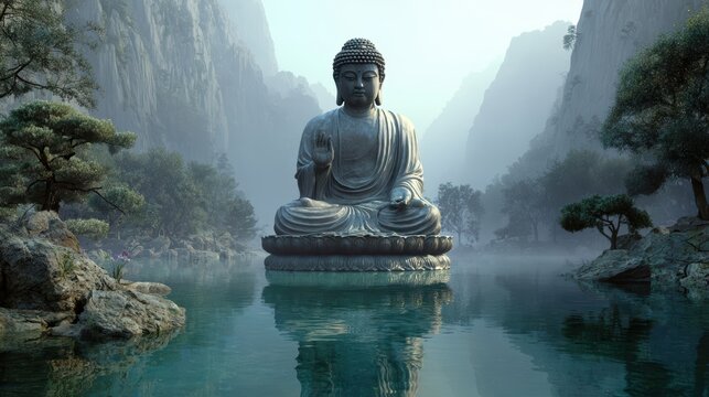 Serene Buddha Statue in Misty Mountain Lake A Peaceful Digital Artwork