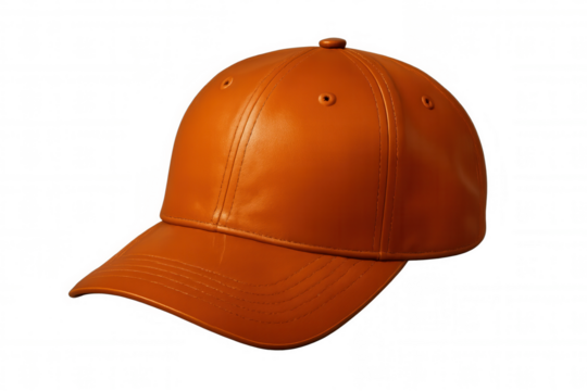Vibrant orange leather baseball cap floating against transparent backdrop, highlighting trendy athletic accessory with clean design aesthetic