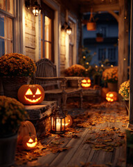 Obraz premium Rustic Porch with Halloween Jack-o’-Lanterns