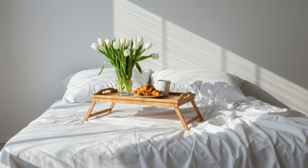 Elegant Morning Breakfast in Bed with Tulips Croissants and Coffee for Relaxing Weekend or Holiday Celebration Perfect for Lifestyle and Wellness Promotion