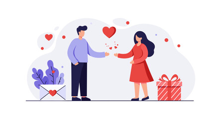Fototapeta premium Romantic gift exchange with couple in flat style surrounded by hearts and gift box