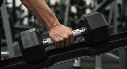 Vascular Strength: A Man's Determined Grip on a Heavy Hex Dumbbell