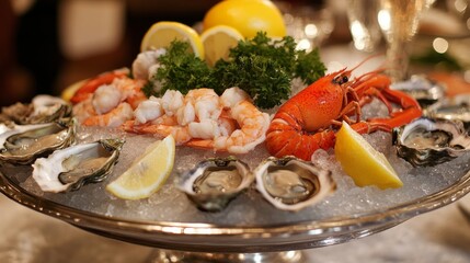 Seafood Platter with Oysters, Shrimp, Lobster, and Lemons on Ice