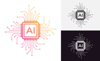 Set of Artificial Intelligence AI Icons and Logos – Machine Learning, Neural Networks, Automation, Smart Tech, Data, Circuits, Microchips, and Digital Innovation Vector Icon Concepts