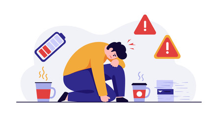 Exhausted worker with low energy surrounded by warning signs and coffee cups