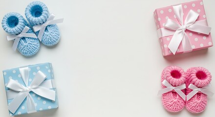 Baby shower gifts, light blue and pink boxes with bows, and matching booties, arranged symmetrically on a white background.